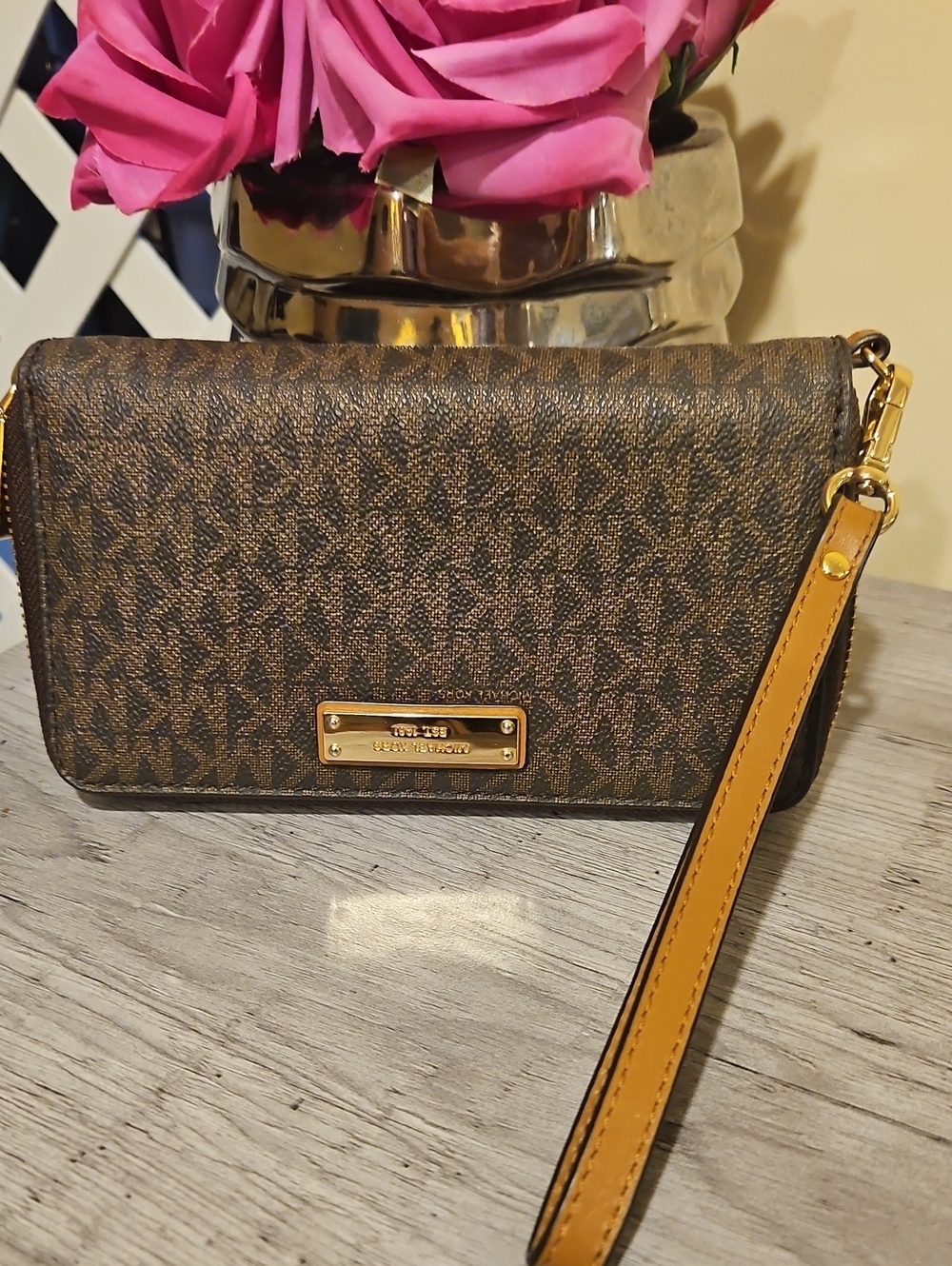 Michael Kors Brown Signature MK Wristlet with Tan Strap and Gold Hardware